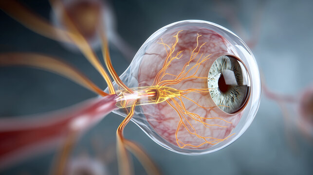 A digital rendering of a human eye affected by glaucoma, with specific areas of the optic nerve highlighted to indicate damage from high intraocular pressure. The image is clinical