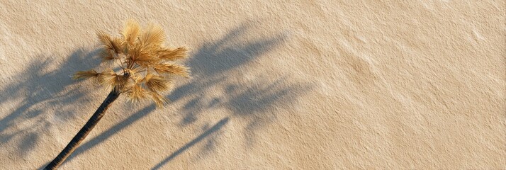 Naklejka premium Lone dried palm trunk and fronds on textured sand with dramatic long shadow in golden light minimalist desert scene