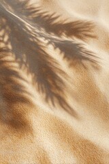 Naklejka premium Palm shadow on golden sand ripples creating abstract warm texture closeup natural beach pattern sunlight