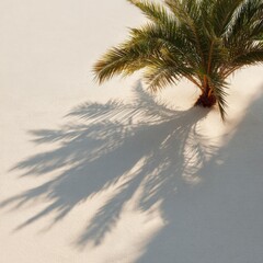 Naklejka premium Sunlit small palm tree with sweeping shadow fanning across smooth pale sand creating dynamic radial pattern in serene tropical setting