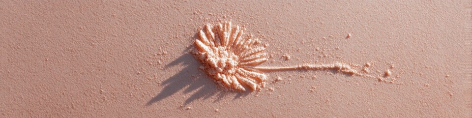 Naklejka premium Soft coral blush smear on textured pink surface with sunburst trailing streak, delicate cosmetic powder mark and subtle shadow play evoking warmth and minimal beauty detail