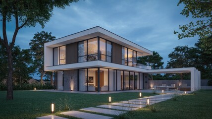Fototapeta premium A modern two-story house with a well-manicured lawn and pathway lights at dusk