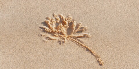 Naklejka premium Sandy flower imprint with stem on beige beach sand detailed petal texture warm sunlight coastal calm scene