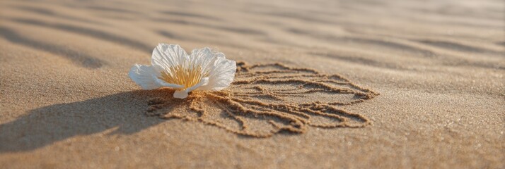 Fototapeta premium Sand flower petals beach design white blossom on rippled sand with delicate outline and soft morning shadow