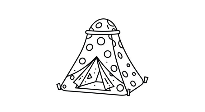 Playful teepee tent illustration decorated with a large polka dot pattern in a simple black and white line art style.