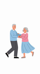 Obraz premium Elderly couple dancing cheerfully, holding hands and smiling. Senior man and woman embody joy, celebrating active lifestyle, showing companionship.