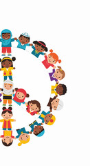Fototapeta premium Diverse children holding hands, forming letter D. Multiethnic kids symbolize global unity, promoting inclusivity and understanding among diverse children. Ideal for educational programs,