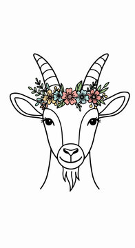 Line art goat flower crown, portraying stylized caprine head wearing delicate pastel floral wreath. Artistic goat flower crown drawing perfect for farmhouse decor, children's products,