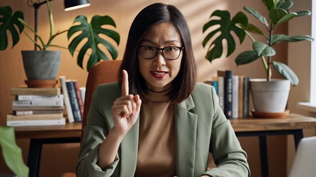 Businesswoman, leadership and professional development during a virtual meeting for remote work, online conference and digital communication with Asian female executive pointing emphatically at
