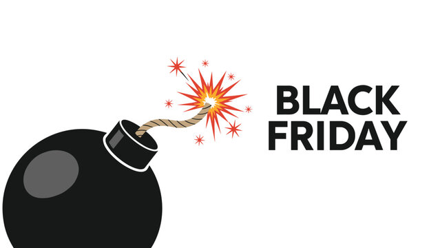 Black friday sale promotion featuring a cartoon bomb with a burning fuse and bold text over a clean white background.
