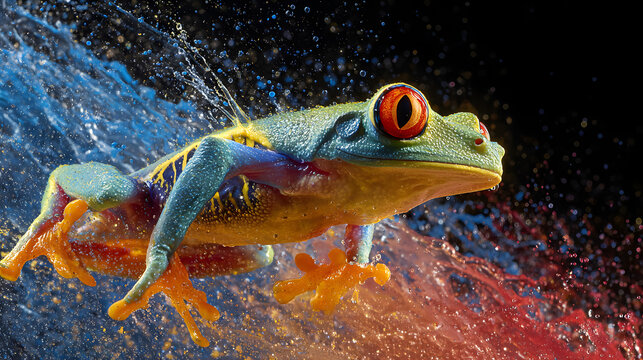 Vibrant Red-Eyed Tree Frog Portrait with Dynamic Water and Paint Splash Effects, Tropical Wildlife Art Illustration Isolated on Black Background