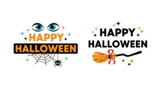 Creative Happy Halloween graphic layouts with spooky blue eyes, a hanging spider on a web, and a colorful witch's broom.