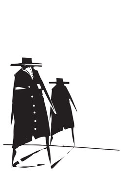 Woodcut expressionist style image of a medieval plague doctor