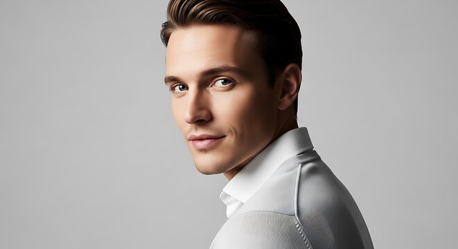 Close-up portrait of a handsome young man in a white collared shirt looking back