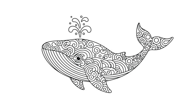 Intricate zentangle whale illustration with beautiful swirling patterns and water spray for creative coloring projects.