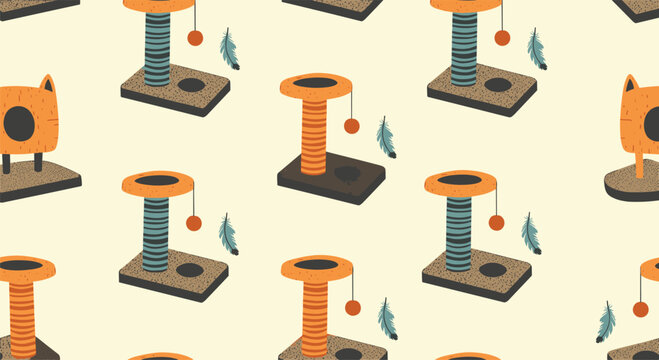 Seamless pattern of cat scratching posts and interactive toys in warm orange and brown tones on a light background.
