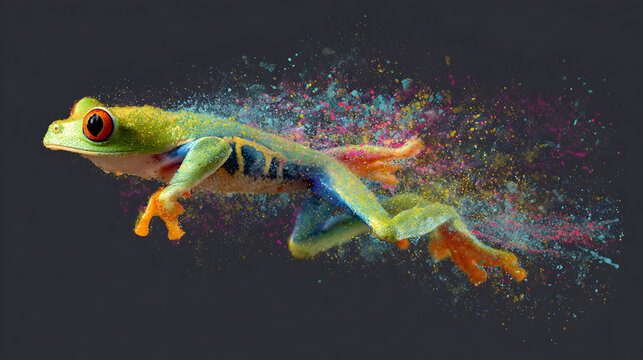 Vibrant Red-Eyed Tree Frog Portrait with Dynamic Water and Paint Splash Effects, Tropical Wildlife Art Illustration Isolated on Black Background