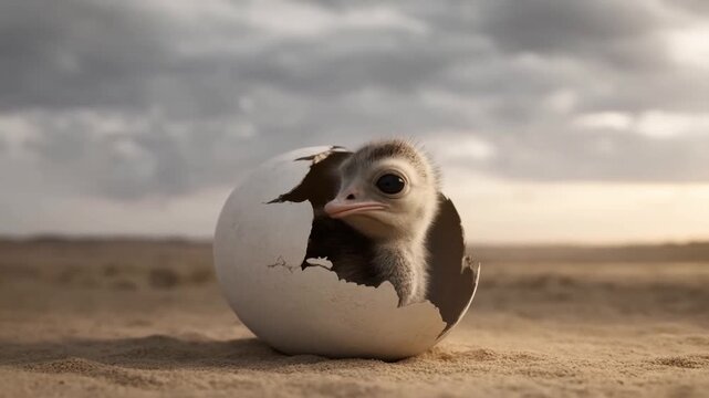 Newly hatched ostrich chick emerging from its eggshell.