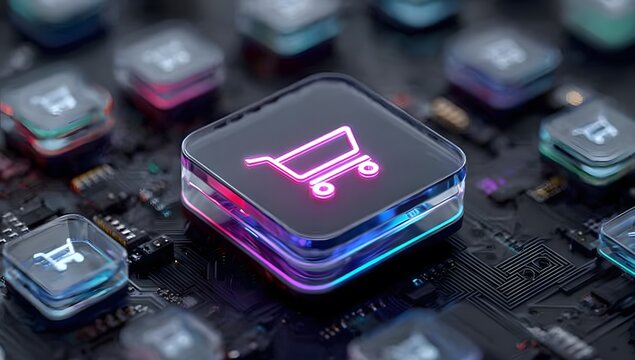 Bright glowing neon pink shopping cart icon on a dark circuit board with other blurred digital buttons representing futuristic online shopping and digital commerce