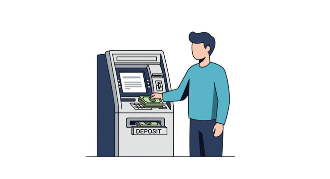 A man in a blue shirt is depositing a stack of banknotes into a grey ATM machine on a white background.