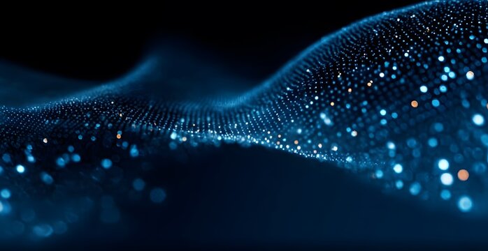 A captivating abstract visualization of a dynamic digital wave with luminous blue and white particles gently flowing and shimmering across a deep dark background with elegant soft bokeh elem