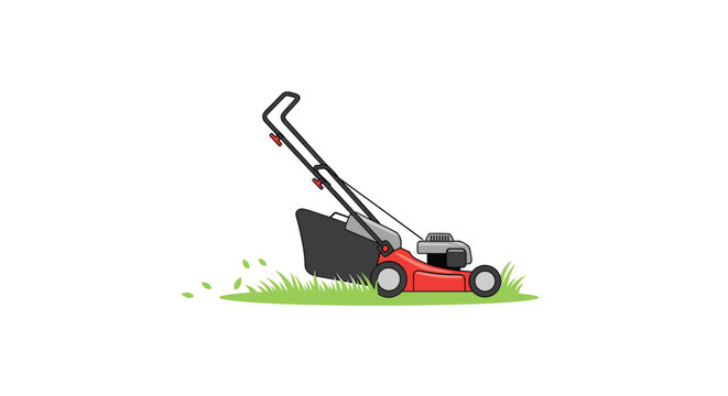 A red lawnmower with a black grass bag cuts green grass, producing flying grass clippings.