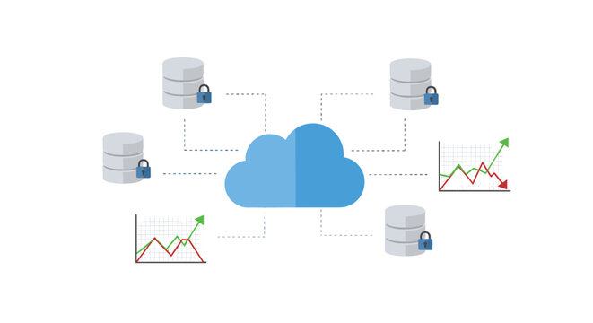 A central cloud connects to multiple locked database cylinders and two line graphs, illustrating secure data management.