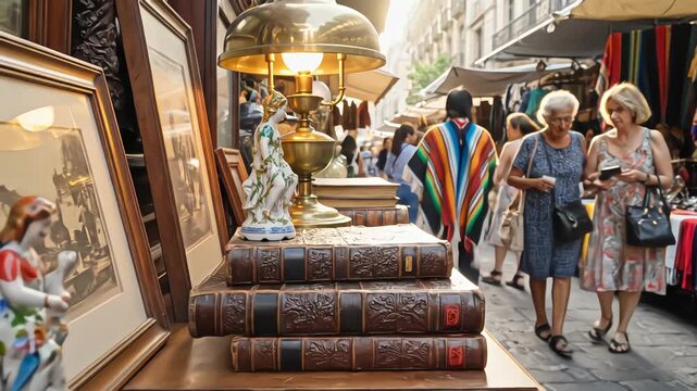 Low angle tracking shot of an outdoor antique market stall featuring vintage leather bound books and a brass lamp with soft backlit afternoon sunlight illuminating passing shoppers