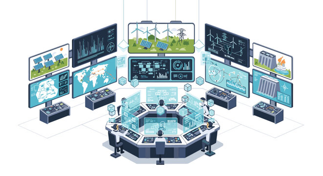 Several operators monitor complex data displays in a futuristic energy control room.