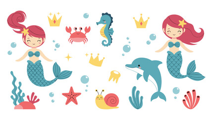 Fototapeta premium Cute ocean life characters including two mermaids with crowns, a seahorse, a dolphin, a crab, and a sea snail among coral reefs.