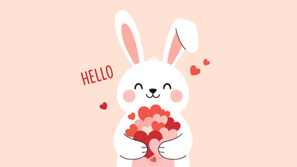 Fototapeta premium Cute white rabbit holding a large bunch of colorful pink and red hearts in its paws with hello text on a soft pink background.
