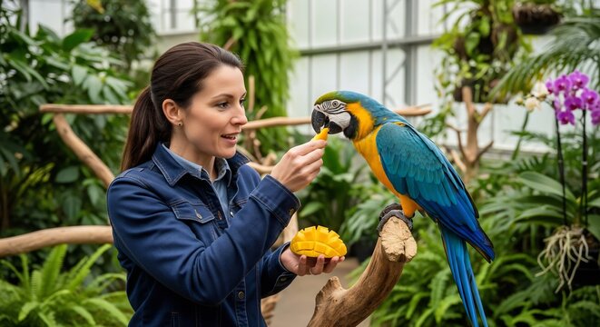 Close-up of a happy woman feeding a beautiful Blue and Yellow Macaw fresh mango in a vibrant indoor garden setting.