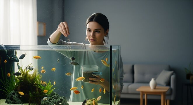 Caring Young Woman Feeding Her Vibrant Tropical Fish in a Beautiful Home Aquarium, Engaging in an Enjoyable Aquatic Hobby