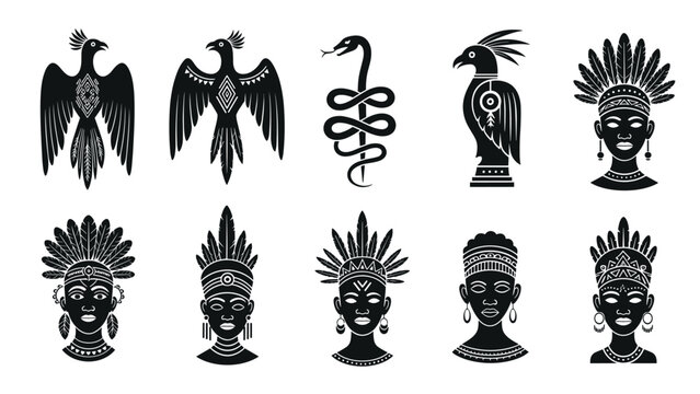 Set of black tribal symbols featuring stylized birds, a coiled snake, and various indigenous faces wearing elaborate feather headdresses.