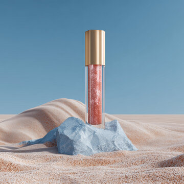 Red shimmer lip gloss on pastel blue background creative cosmetic beauty product