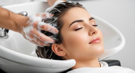 Naklejka premium Relaxed young woman receiving professional hair wash and scalp massage at a modern beauty salon.