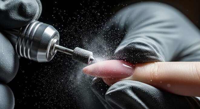 Professional nail technician uses electric file to shape artificial pink nail, creating a cloud of dust during precise manicure process.