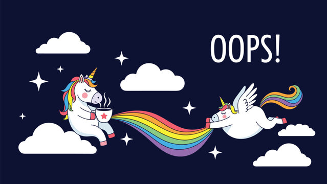 Funny night scene with two unicorns where one drinks tea and its rainbow tail is being eaten by another unicorn.