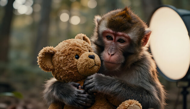  a juvenile macaque monkey gently hugging a well-worn brown plush teddy bear, Baby Japanese macaque monkey hugging a plush orangutan toy, emotional expression, created with generative ai