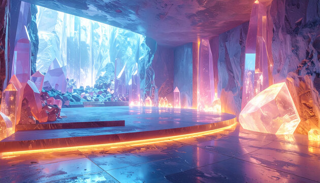 Glowing crystal cave chamber with futuristic platform and neon lighting