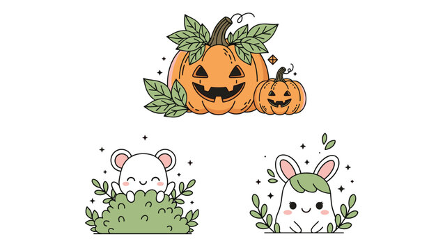 Collection of three cute Halloween illustrations featuring carved pumpkins, a mouse in a bush, and a white bunny.