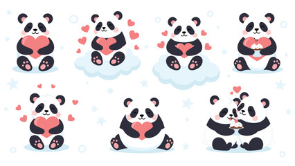 Obraz premium Set of adorable pandas in various poses holding pink hearts and eating cupcakes for a romantic or friendship theme.