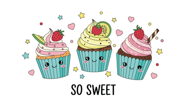 Three decorative cupcakes with colorful frosting, strawberries, and lime slices with so sweet text on a white background.