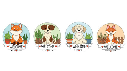Fototapeta premium Four circular signs with different animals like foxes and dogs sitting behind plants with a welcome message on a banner.