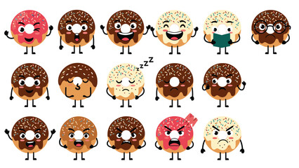 Fototapeta premium Grid of eighteen colorful donut characters with various facial expressions like happy, sad, angry, and sleepy on white.