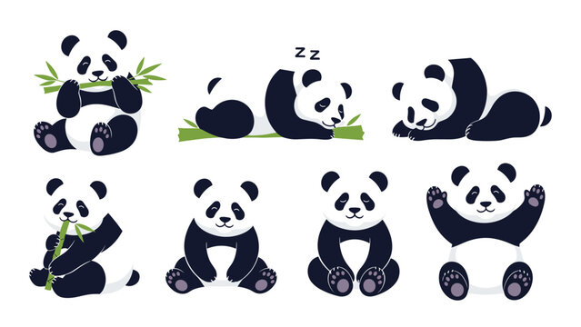 Set of cute panda bear illustrations showing various activities like eating bamboo, sleeping, sitting, and waving arms.