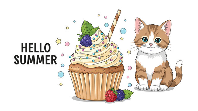 Adorable orange tabby kitten sitting next to a large cupcake decorated with berries and stars for a hello summer theme.