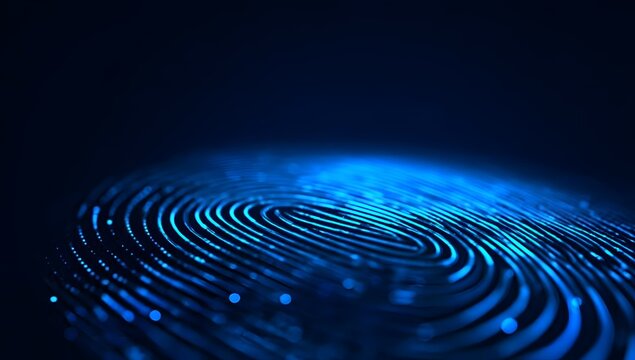 A vivid biometric fingerprint pattern glowing brightly with numerous digital light data points within a dark abstract digital environment emanating a deep blue technological glow creating a 