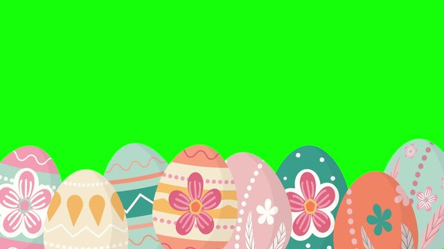 Animated pastel Easter eggs Floral patterns appearing lower up like border Green screen chroma key background Spring composition Copy space for text design Seasonal overlays holiday videos
