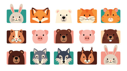 Obraz premium Series of cute animal head portraits including bears hamsters and wolves set within colorful rectangular frames on a white background.